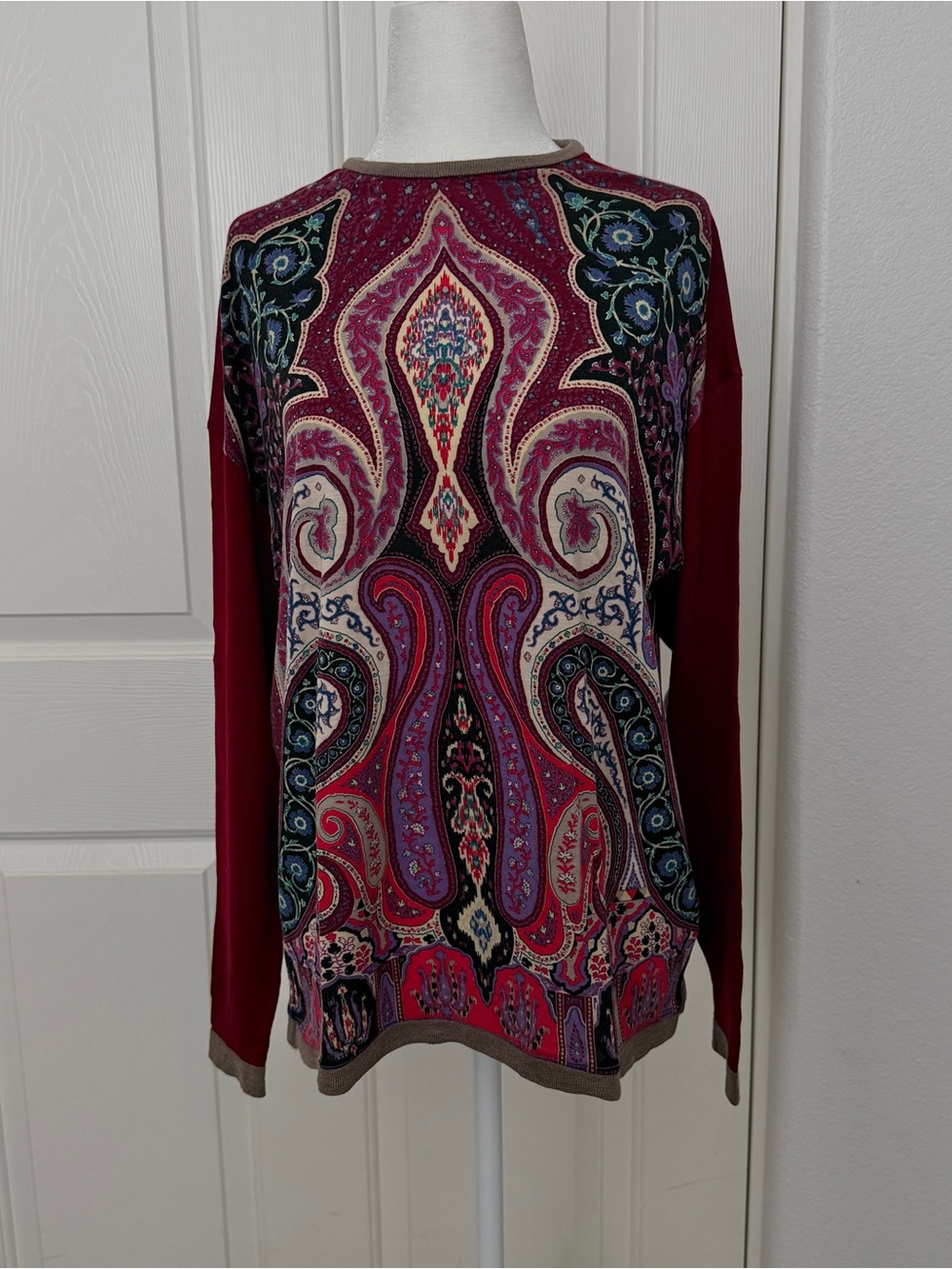 Etro Wool Burgundy Multicolor Paisley Knit Sweater